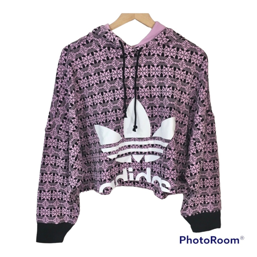 ADIDAS Trefoil All Over Print Hoodie Size XS Berry/Black. Excellent Condition